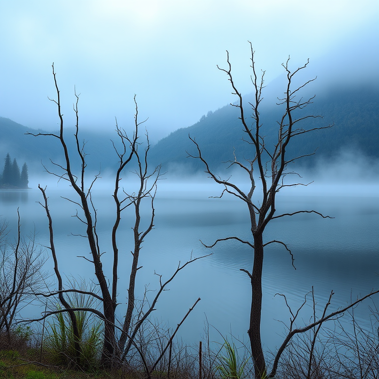capture a misty landscape of a lake with dead trees in the foreground and lush green hills in the background, using a DSLR camera with a 24mm lens, f/8 aperture, ISO 100, and 1/200 sec shutter speed for enhanced clarity and depth of field