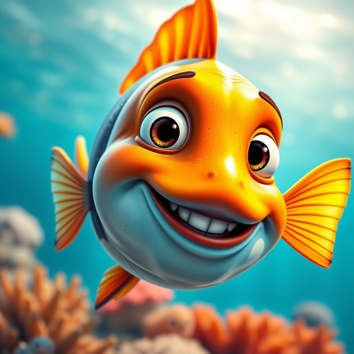 Create a high-resolution cartoon image of a smiling fish with exaggerated features and a playful expression, using a wide-angle view, 50mm lens, f/2.8 aperture, and natural lighting to enhance vibrant colors and details.