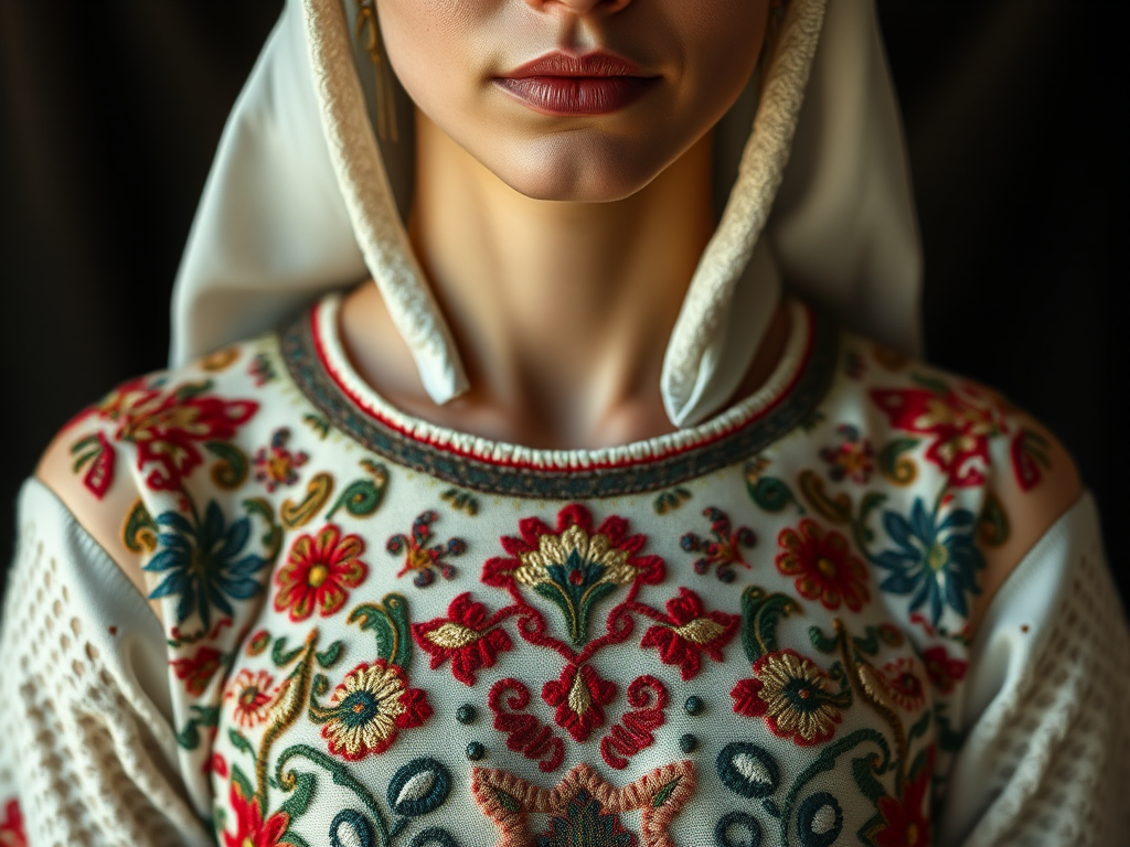 Face, shoulders, chest covered in openwork Druze embroidery. Raw, unedited image.