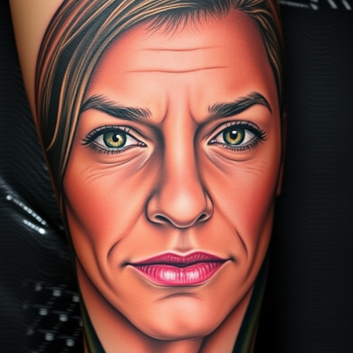 Realistic color portrait tattoo titled "Living Canvas" showcasing photorealistic details of a person's face with lifelike shading and vivid pigments that capture every nuance
