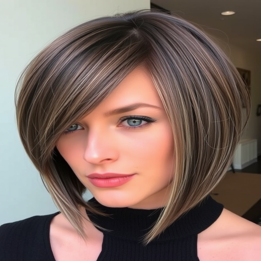 Sophisticated model displays Smoky Quartz lob, a dimensional blend of cool-toned brown and gray hues, styled in sleek straight strands with a blunt cut