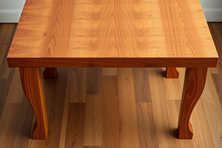 Generate a high-quality image of a wooden table with a smooth tabletop and straight legs, using a DSLR camera with a 50mm lens, f/2.8 aperture, ISO 100, 1/60 sec shutter speed, captured from a slightly elevated angle to emphasize depth and texture.