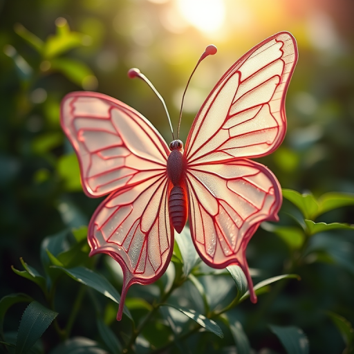Create a high-resolution image of a mystical ethereal being resembling a butterfly crafted from translucent, delicate materials, surrounded by vibrant green foliage, captured with a Canon EOS R5, 85mm lens, aperture f/1.8, ISO 100, shallow depth of field, soft bokeh background, natural light from above.