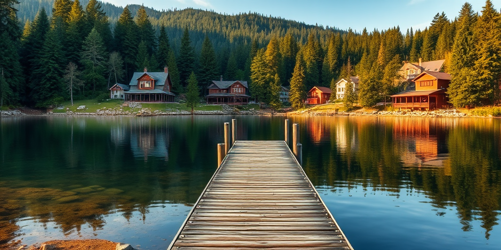 a scenic wooden pier extending into a serene lake surrounded by evergreen trees and cozy houses, soft natural lighting, shallow depth of field, aperture f/2.8, ISO 200, 50mm lens, DSLR camera, landscape orientation, HDR processing for enhanced detail