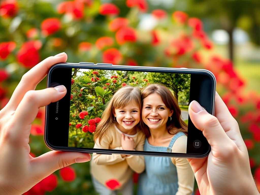 Capture a warm family moment outdoors with a smartphone, using a shallow depth of field to blur the vibrant red flowers in the background, set the aperture to f/2.8, ISO 100, shutter speed 1/200s, in portrait mode with soft natural lighting for a bright and cheerful atmosphere.