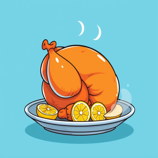 Generate an illustration of a roasted turkey on a platter with lemon slices, steam rising from it, bright blue background, using a Canon EOS R5 camera, f/2.8 aperture, 35mm lens, in a vibrant, colorful cartoon style.