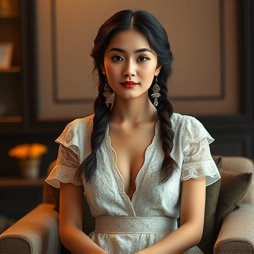 Create a portrait of a refined and elegant Chinese woman seated in a sophisticated setting. She has long, wavy hair styled in two thick braids that are pulled over her shoulders. She wears a white, lace gown with intricate patterns, featuring a deep V-neckline and short sleeves. The dress exudes a vintage charm with its delicate lacework. She is adorned with ornate, dangling earrings that add a touch of glamour to her appearance. The background is softly lit, with warm, ambient lighting that creates a cozy and inviting atmosphere. Her expression is poised and serene, capturing a sense of grace and elegance.