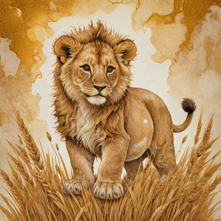 Soft, muted Alcohol Ink with ebru effect background image of tiny whimsical lion, who climbed high on the top of a golden rye ear.