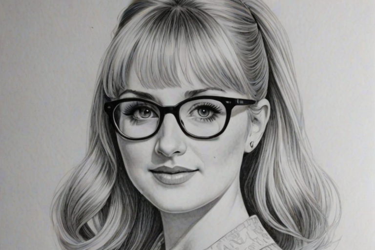 Exquisite Melissa Rauch, pencil sketch, portrait of Lovely woman 1962s in glasses, hair style beatnik, outline, clear lines, fine lines, 8k