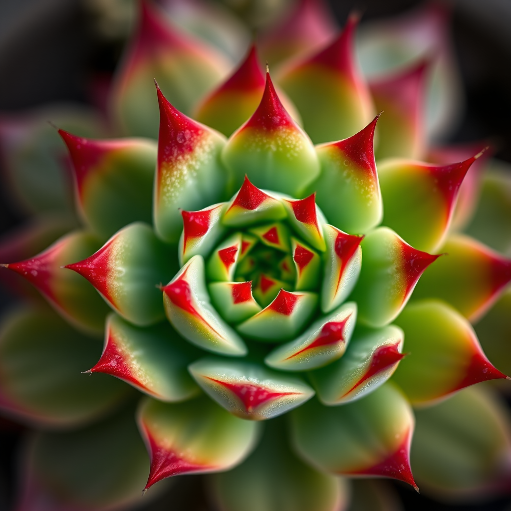 macro shot of a green succulent with red tips, captured with a Canon EOS 90D, 100mm f/2.8 macro lens, aperture f/8, ISO 200, natural light, top-down view, high detail and vivid colors.