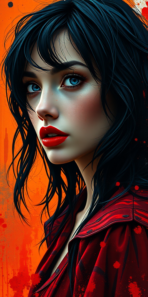 A cinematic shot of a dark fantasy scene with a vivid portrait of a woman with striking blue eyes and tousled black hair. A portrait of a woman with black wavy hair. She has a focused and intense gaze, accentuated by her bold red lipstick. The woman is wearing a deep red, shiny blouse A captivating dark fantasy portrait by TMann, featuring a mysterious brunette woman with a striking profile and rugged appearance. Her unkempt hair cascades down her back, framing her intense gaze. The artist masterfully employs bold, expressive brushstrokes to bring her essence to life, creating a mesmerizing abstract acrylic portrait. The background is a stunning blend of warm oranges and deep reds, contrasting with her cool skin tones. Fluid, irregular lines and splattered ink add texture and life, while dynamic knife strokes emphasize movement. Contrast lighting and the knife-paint technique are used to create depth and dimension. This mesmerizing piece is a multi-layered composition, featuring vivid style, typography, portrait photography, poster, conceptual art, illustration, and painting elements. The HD quality and detailed textures make this a, 3d render, conceptual art, poster, fashion, painting, typography, illustration, cinematic, portrait photography, vibrant Less, graffiti. Hyper-realistic, 4K, HDR