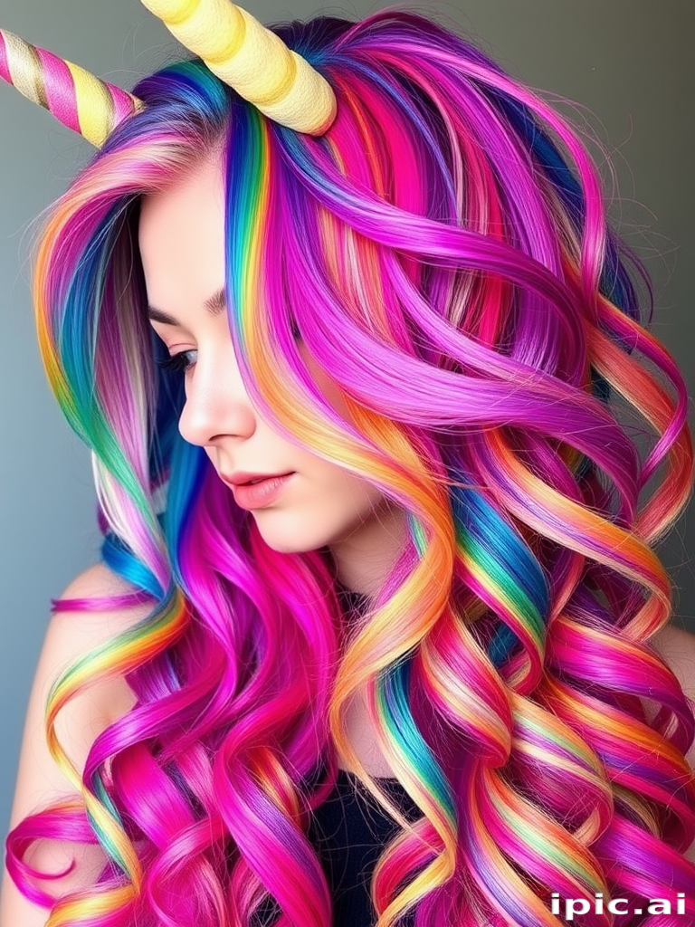 Daring rainbow unicorn hair featuring vibrant streaks of every color, styled in voluminous curls with a deep side part, embodying magical whimsy