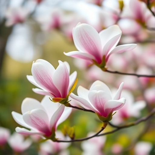 Soft focus photograph of blooming magnolia flowers in a lush garden during spring, using a Canon EOS R5 with a 50mm f/1.2 lens, aperture set to f/2.8, ISO 100, natural light, shot from a low angle to emphasize the flowers against a bokeh background.