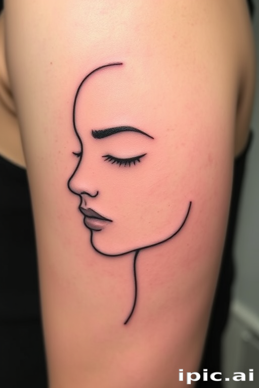Minimalist single-line tattoo tracing the silhouette of a face in continuous motion, incorporating negative space and strategic line breaks to create a dynamic, abstract portrait