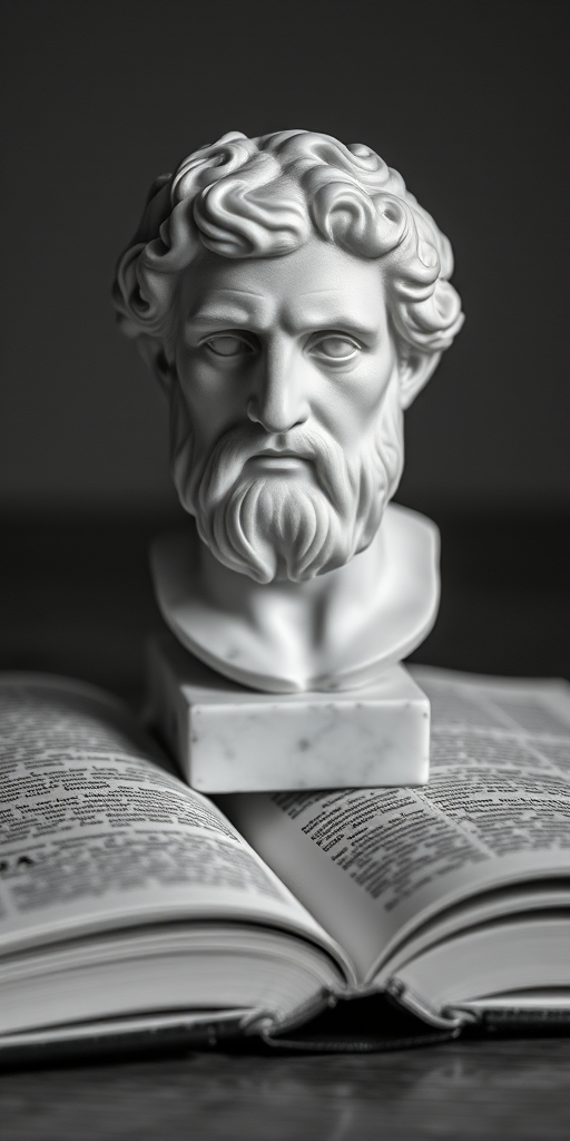 A close-up shot of a marble bust of Aristotle on an open book, softly lit with a shallow depth of field, captured with a 50mm lens at f/1.8, ISO 200, shutter speed 1/100 sec, using a DSLR camera in black and white style.