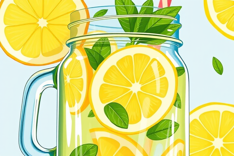 Create a vibrant illustration of a mason jar filled with lemonade, featuring fresh lemon slices and mint leaves, using a high-resolution digital art style. Camera settings: ISO 100, aperture f/2.8, shutter speed 1/125s. Camera view: close-up. Camera style: bright and colorful. Camera type: digital illustration.