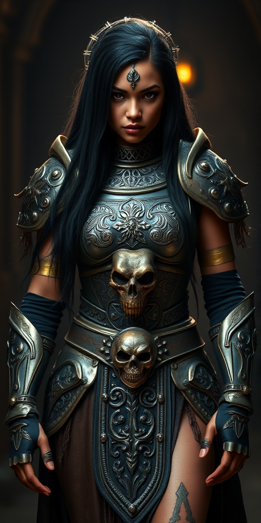 Create a photo of a fierce Nubian female warrior with long black hair, wearing an ornate, metallic armor. The armor includes a breastplate with intricate designs, shoulder guards, and gauntlets. The breastplate is decorated with a central emblem, possibly representing a mythical symbol, and has a sculpted, form-fitting design. She wears a belt with a large skull ornament at the center, and her armor extends into a partial skirt, revealing one leg. The overall look is both protective and stylish, with a dark, gothic aesthetic. The background is dimly lit, suggesting a medieval or fantasy setting, enhancing the warrior's imposing presence and intense expression.