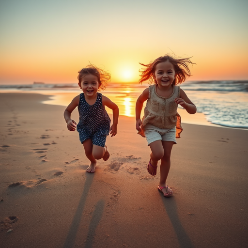 Capture two children running along a sandy beach at sunset, with focus on their playful expressions and dynamic movement, using a DSLR camera, 50mm lens, aperture f/2.8, shutter speed 1/500s, ISO 200, shot from a low angle to emphasize the sandy texture and waves in the background.