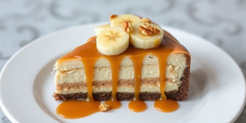 Create an image of a slice of banana caramel cheesecake with a smooth caramel topping drizzled over it topped with banana slices and chopped nuts on a white plate. The cheesecake should have a layered appearance with a chocolate crust and creamy filling.