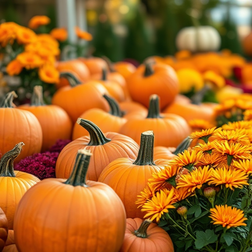 Capture a vibrant autumn scene featuring a variety of pumpkins and colorful chrysanthemums, shot with a Canon EOS R5, 50mm lens, f/1.8, ISO 200, in soft natural light from a low angle, with a shallow depth of field to enhance details and create a warm, inviting atmosphere.