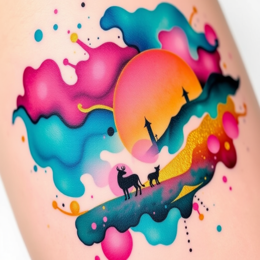 Vibrant watercolor splash tattoo named "Chromatic Symphony" featuring swirling hues of teal, magenta, and gold, blending seamlessly into an abstract landscape with hidden animal silhouettes