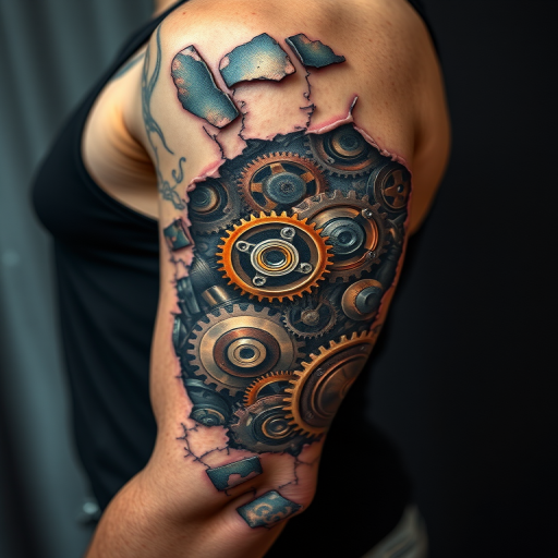 Biomechanical tattoo extending from shoulder to elbow, revealing hyper-realistic mechanical gears and pistons beneath torn skin in metallic silver and copper tones