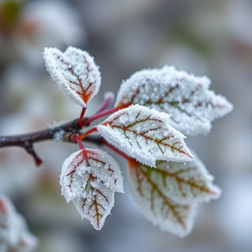 Frost-covered leaves on a branch, close-up shot, f/4 aperture, ISO 100, 1/200 sec shutter speed, macro lens, natural light, DSLR camera.