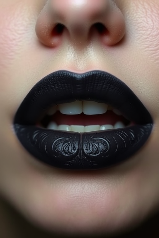 Ombre black to grey lips, dubbed "Smoky Gradient," showcasing a edgy, grunge-inspired look with a smooth, matte finish for alternative styles