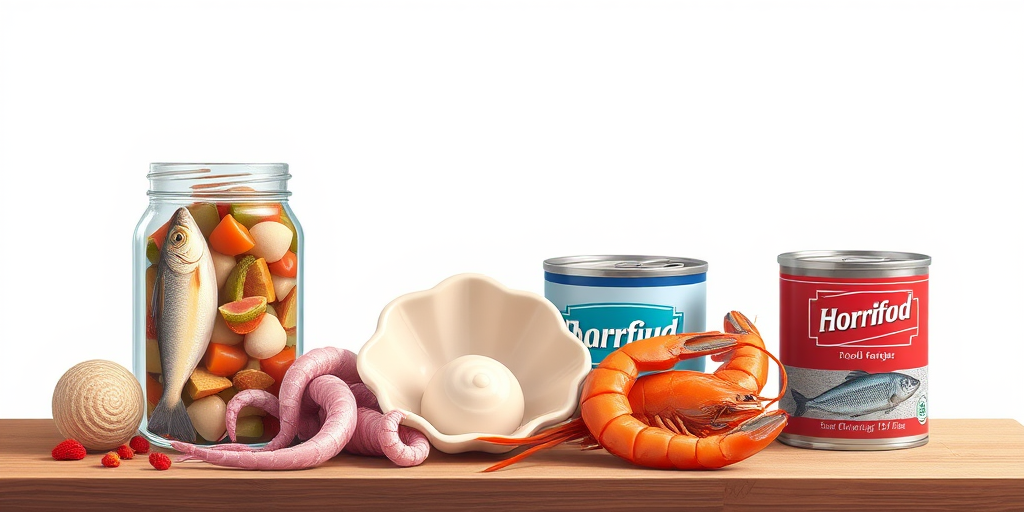 Create an illustration of seafood items including a jar of fish, a squid, a shell, a shrimp, and a can of fish against a minimalist background, using a high-resolution digital camera with a 50mm lens, f/2.8 aperture, ISO 100, and soft diffused lighting to enhance color vibrancy and detail.