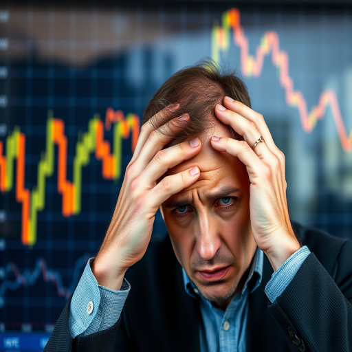 Create an image of a distressed man with his hand on his forehead in front of a stock market graph showing a downward trend, use a DSLR camera, 50mm lens, aperture f/2.8, ISO 100, shot in natural light, focus on the man's expression with a blurred background for depth.