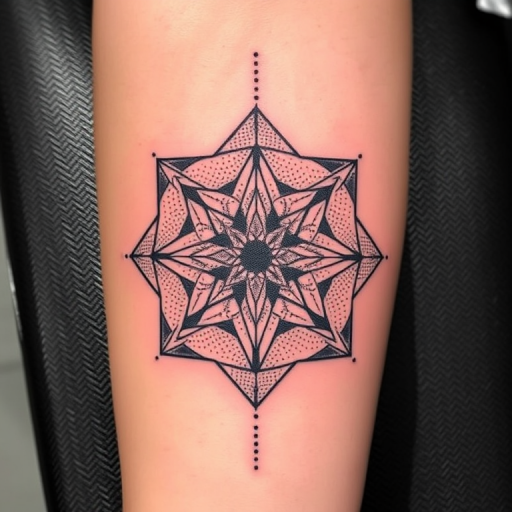 Geometric stipple tattoo, "Quantum Tessellation," combining precise dot work with clean geometric shapes to create a three-dimensional illusion, incorporating sacred geometry patterns and gradients formed by varying dot density