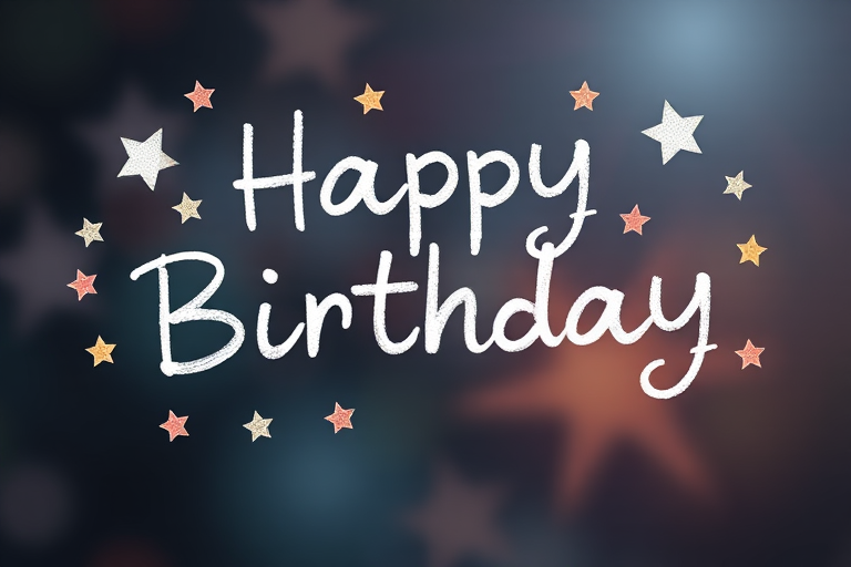 Create a high-resolution image of a handwritten "Happy Birthday" with whimsical stars around it, shot with a DSLR camera at f/2.8 aperture, ISO 100, 50mm lens, using a shallow depth of field for a soft background blur.