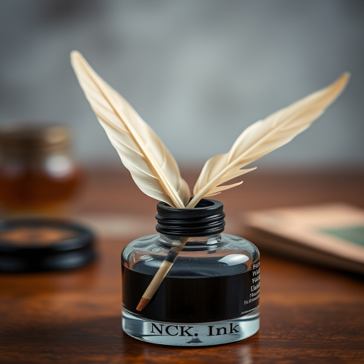 Create a highly detailed image of a vintage ink bottle with a quill resting in it, using a DSLR camera at f/2.8 aperture, ISO 100, 50mm lens, natural lighting, shallow depth of field, and a soft focus background for enhanced clarity and aesthetic appeal.