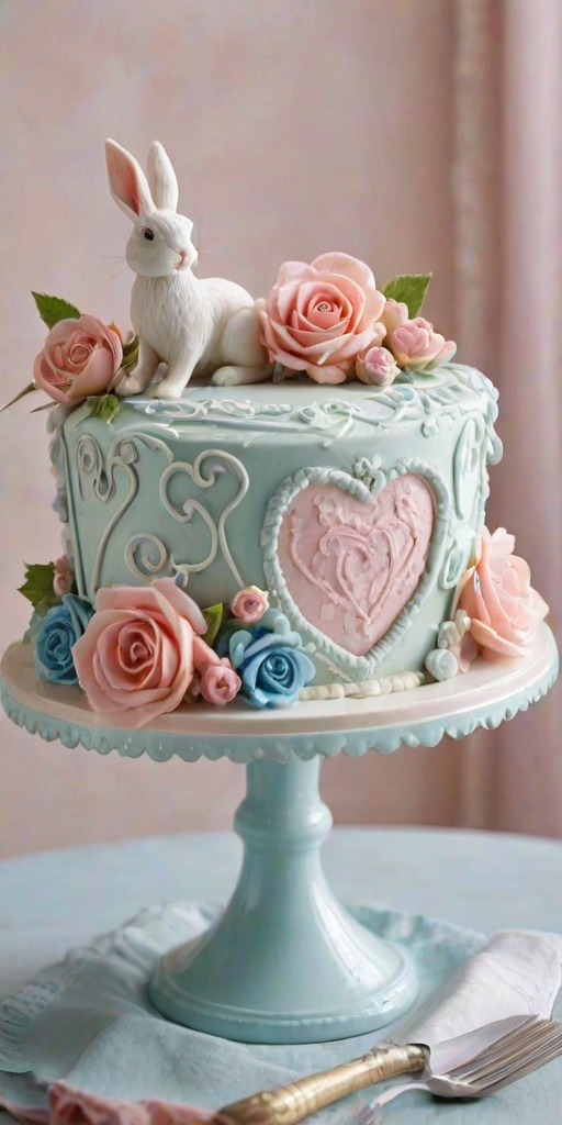 Create an image of a whimsical heart-shaped cake decorated with pastel-colored frosting in soft pink, blue, and white. The cake should have intricate swirls and floral designs made of buttercream, with small decorative elements like fondant roses. Atop the cake, place a cute bunny figurine with a blue bow, surrounded by a dreamy, soft backdrop that enhances the cake's playful aesthetic. Include a delicate lace tablecloth and a charming cake stand to complete the scene.