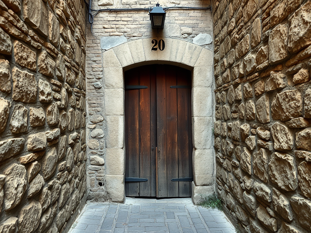 Create an enhanced image of an old stone wall with a rustic wooden door featuring the number 20 above it, captured in a narrow alley with cobblestone pavement, using a DSLR camera with a 24mm lens, aperture set at f/8 for depth of field, ISO 100 for clarity, and natural daylight for balanced lighting.