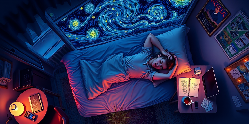A top-down Van Gogh-style painting of a young man lying on his bed, listening to music with headphones. The room is softly lit with deep blues and purples, creating a peaceful nighttime atmosphere. The bed has a soft pillow, and the man's arms are resting behind his head. Around the bed, various glowing gadgets such as a smartphone, a laptop, and a small lamp are visible, casting a gentle light. The rest of the bedroom includes a desk with books, a chair, and a small rug on the floor. A window near the bed reveals a starry night sky with swirling stars, reminiscent of Van Gogh's 'Starry Night.' On the desk, there is a sketchbook with colorful drawings, a cup of coffee steaming gently, and a small potted plant. The walls have posters of famous paintings and a corkboard with pinned notes and photos. The scene is full of dynamic, swirling brushstrokes, capturing the essence of Van Gogh's unique style. The overall mood is serene and contemplative, with a touch of artistic inspiration.