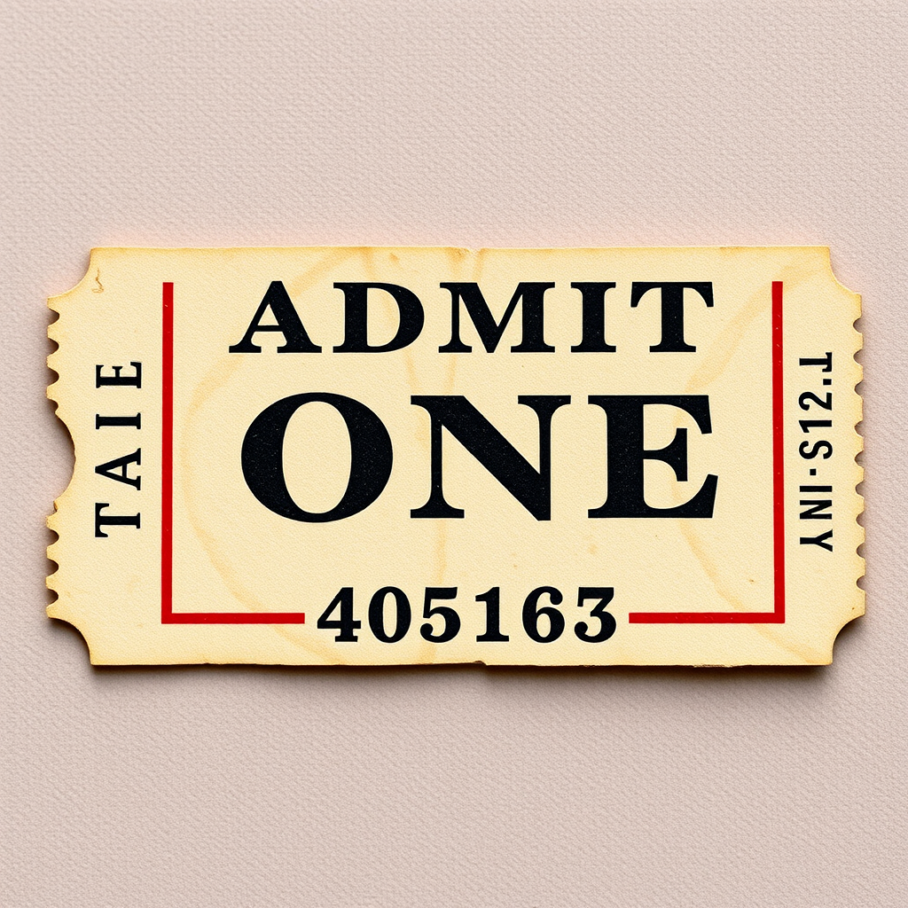 Generate a high-resolution image of a vintage ticket stub with the text "ADMIT ONE" prominently displayed, featuring a red border and a serial number "405163" in a classic font, captured with a DSLR camera at f/5.6 aperture, ISO 100, and a 50mm lens, from a top-down view with soft lighting for enhanced detail.