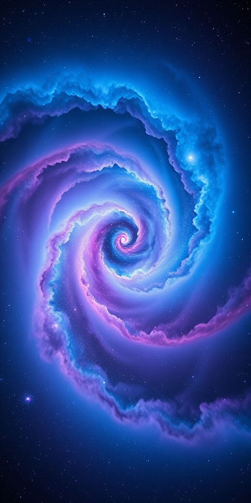 Create a vibrant cosmic scene depicting a swirling nebula with bright blue and purple hues, captured with a Canon EOS R5, 24mm lens, aperture f/2.8, ISO 100, long exposure of 20 seconds, with a panoramic view and high dynamic range for enhanced detail and depth.
