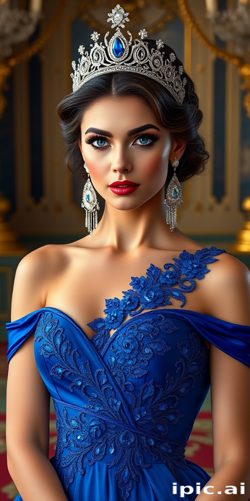 A gorgeous woman in a luxurious blue gown, accessorized with a dazzling tiara and statement earrings, her deep blue eyes highlighted by impeccable makeup, poised in a royal setting, photorealistic, 8K quality