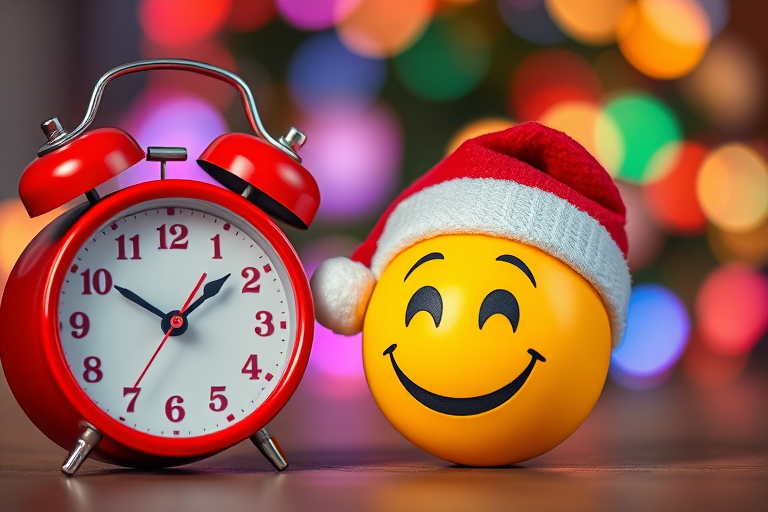 Create a high-resolution image of a smiling emoji wearing a Christmas hat next to a red alarm clock, with a blurred bokeh background featuring multicolored lights, shot with a Canon EOS R5 at f/1.8, 1/100s, ISO 200, 50mm lens, using macro photography style.