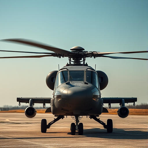 high-resolution image of a military helicopter on the ground, shot with a Canon EOS 5D Mark IV, 50mm lens, aperture f/8, shutter speed 1/250 sec, ISO 100, natural daylight, wide-angle view for enhanced detail and clarity