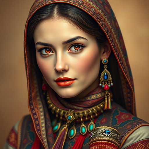 Create a portrait of a beautiful Kyrgyz woman with striking red eyes and a gentle expression. She is adorned in traditional attire with intricate patterns, including a richly embroidered headscarf and matching garments. Her jewelry includes a delicate headpiece, dangling earrings, and ornate bracelets, all featuring vibrant gemstones and detailed metalwork. The background is soft and warm, enhancing the rich colors of her outfit and jewelry.