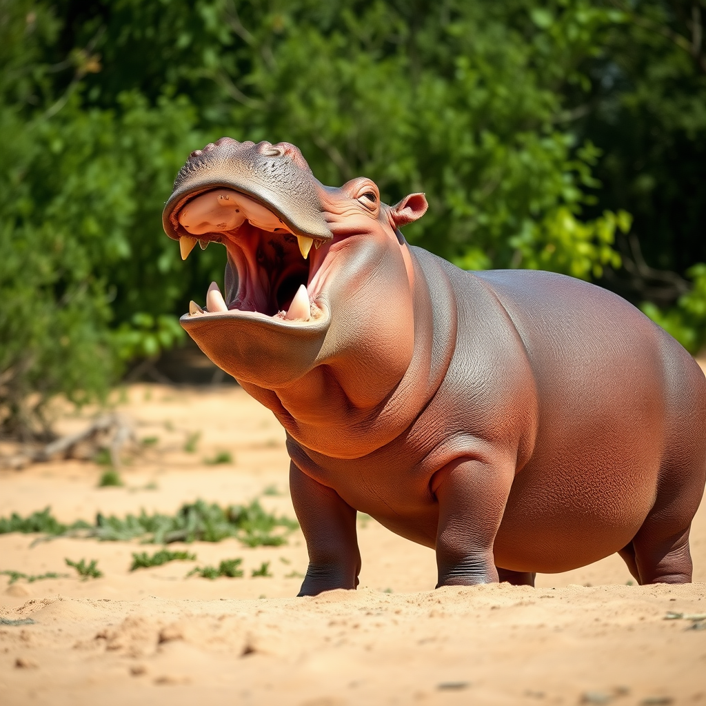 hippopotamus standing in sandy terrain, smiling with mouth open, surrounded by greenery, shot with a Canon EOS R5, 50mm f/1.2 lens, aperture f/2.8, ISO 200, shutter speed 1/1000 sec, bright natural lighting, macro view to emphasize details