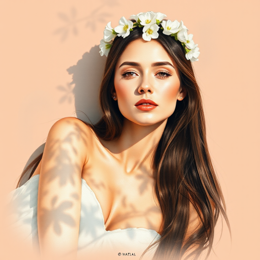 create a watercolor painting of an ethereal portrait of beautiful Tajik woman with a simple white flower crown on her head. Her hair is long and she is lying on the ground. The sunlight on the trees casts shadows from the leaves on her face and body. The background is a neutral brown color that matches her skin tone. The image is minimalist and solid colors. This style is characterized by soft, delicate brushstrokes and a light, airy, contrasting color palette. High level of detail and play of light