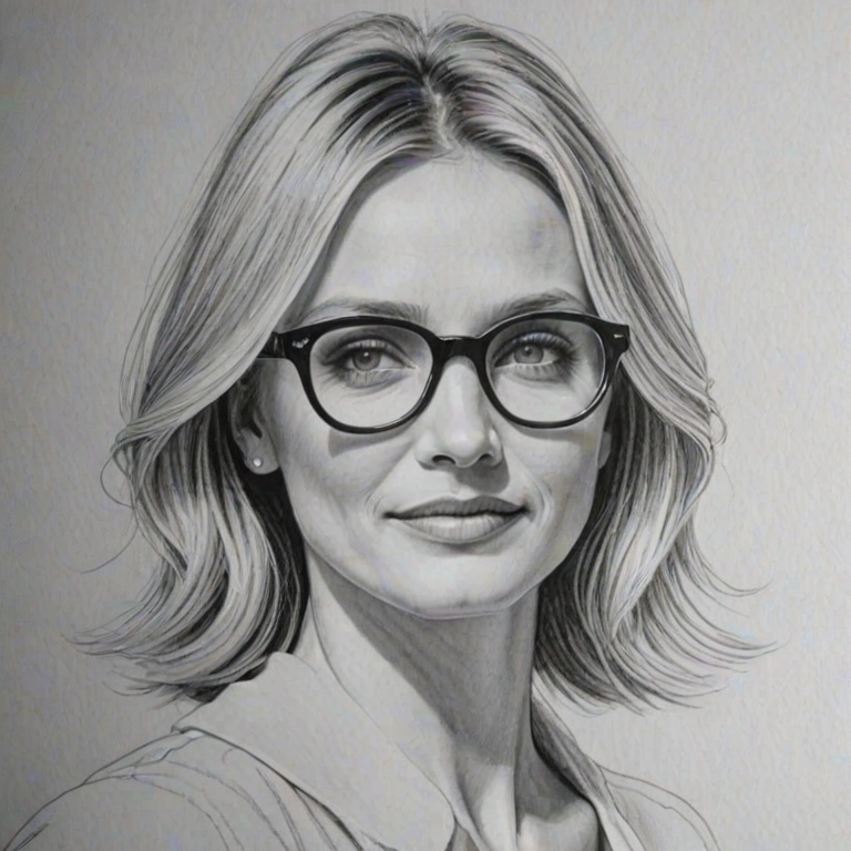 Comely Cameron Diaz, pencil sketch, portrait of Sublime woman 1966s in glasses, hair style beatnik, outline, clear lines, fine lines, 8k
