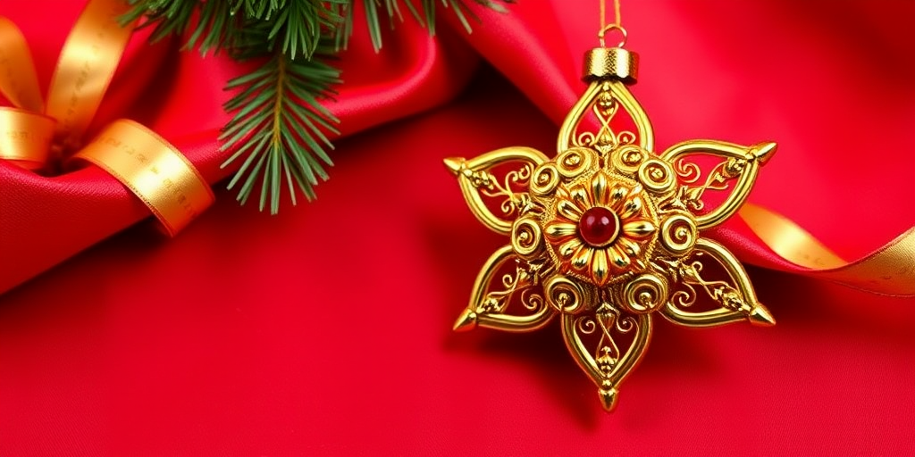 Generate an image featuring a decorative gold star ornament with intricate swirls and red beads, set against a rich red background with shimmering fabric and golden ribbon accents. The focus should be on the ornament's details and its festive appeal.