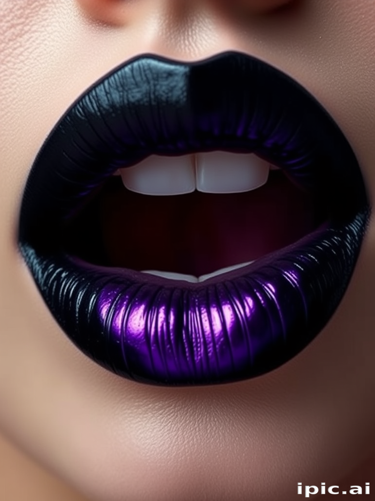 Dramatic black ombre lips fading into deep purple, metallic finish adding dimension and intrigue, unconventional yet mesmerizing in their artistic appeal