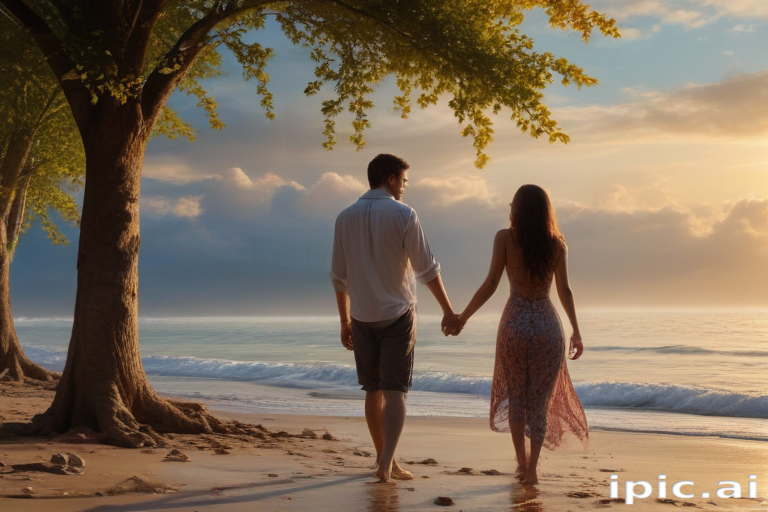 Romantic Sunset Stroll Along the Beach with Hand in Hand