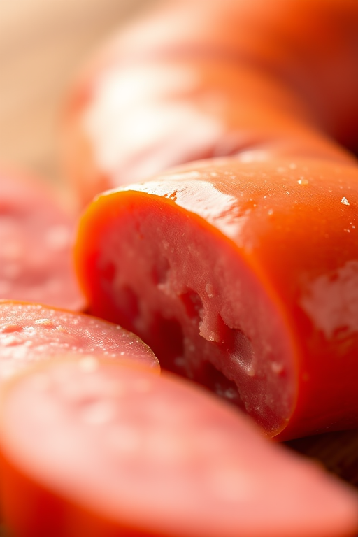 Generate a high-quality illustration of a sausage, close-up view, with soft lighting, using a DSLR camera with a 50mm lens, aperture set to f/2.8, ISO 100, and a shallow depth of field for a blurred background.