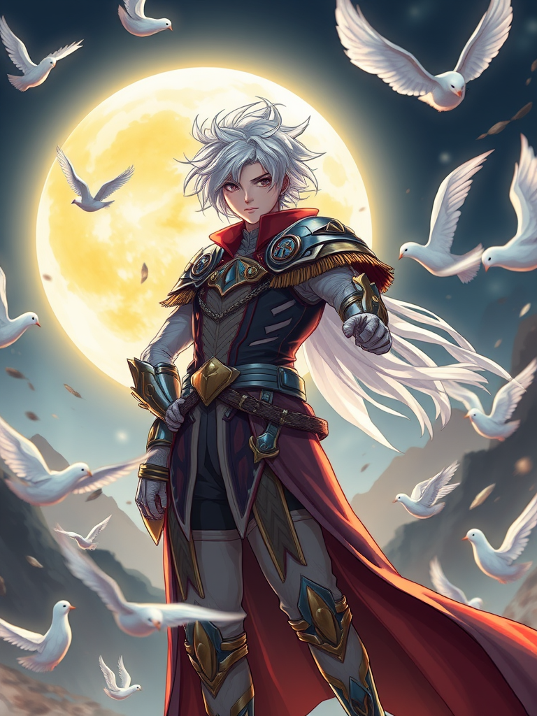 Create an illustration of a heroic character with white hair and a regal outfit standing powerfully against a glowing full moon in the background, surrounded by fluttering white doves, using a DSLR camera with a 50mm lens, aperture set to f/1.8 for a shallow depth of field, with a vibrant color palette and dynamic lighting to highlight the character's details and the ethereal atmosphere.